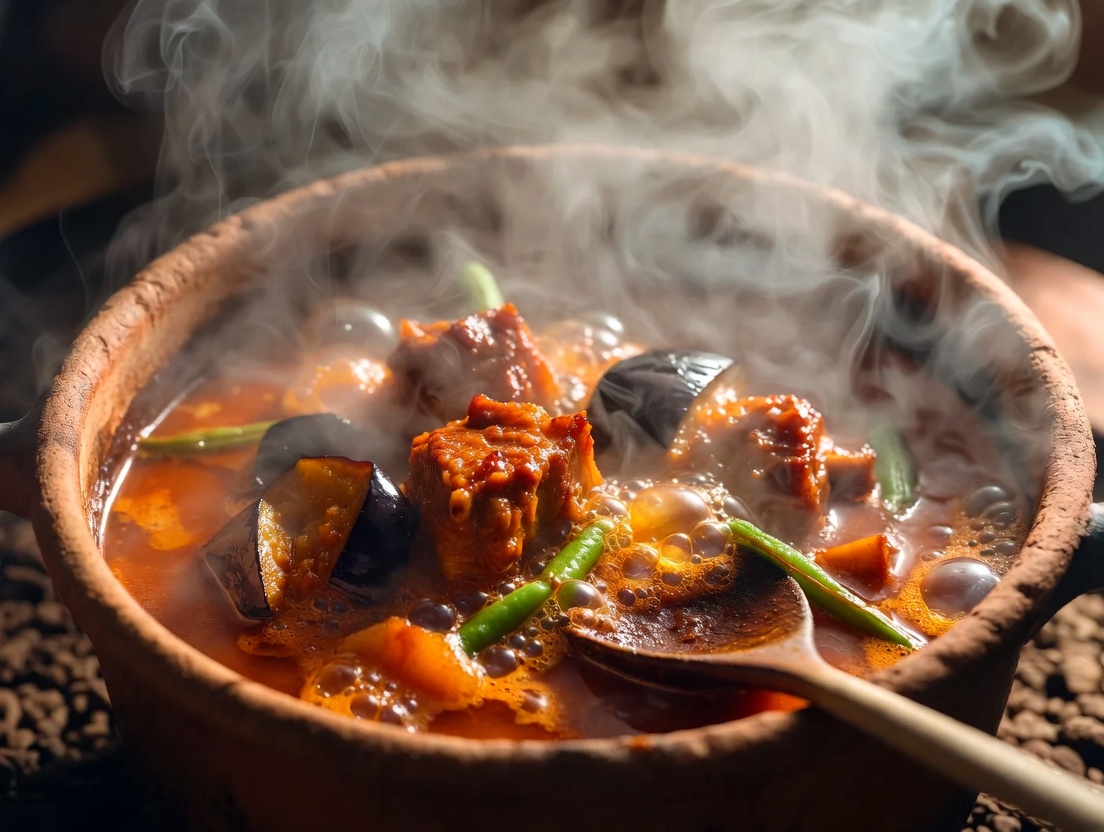 Guiso caliente de berenjenas de Almagro con costillas de cerdo y habas.