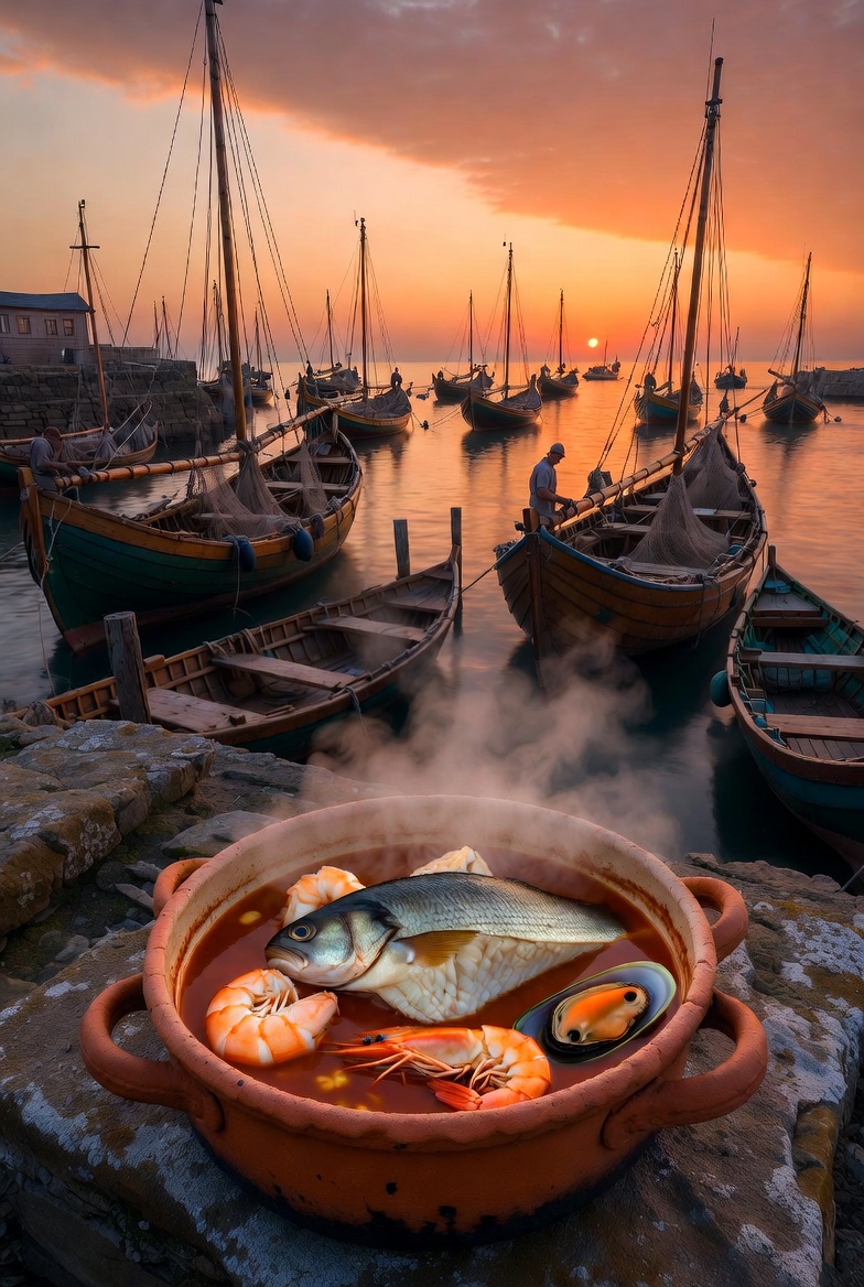 Cazuela de barro con guiso de rape humeante en un puerto pesquero tradicional al atardecer.