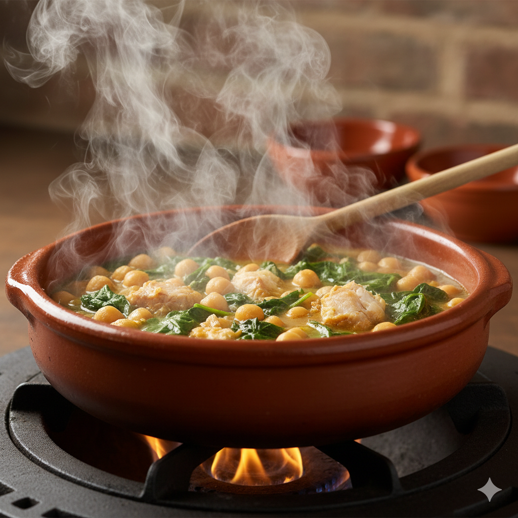 Guiso de garbanzos con espinacas y bacalao cociendo a fuego lento en cazuela de barro.