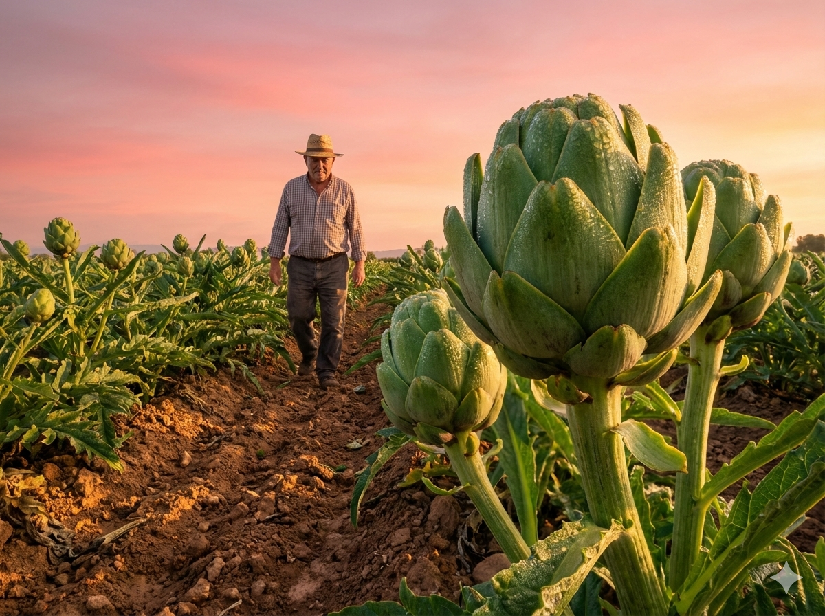 Campo de alcachofas en primavera, origen del producto para la receta a la romana.