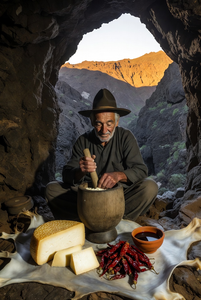 Pastor gomero majando almogrote tradicional en una cueva, origen hist&oacute;rico del plato.