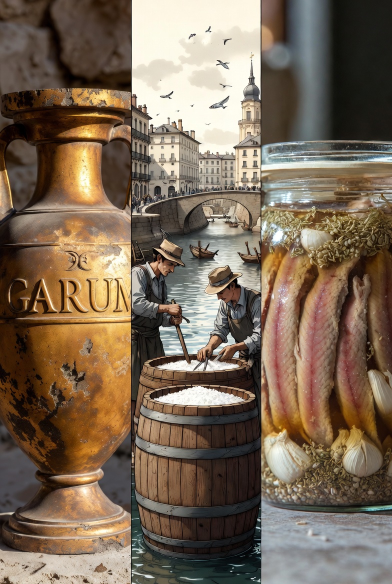 Evoluci&oacute;n hist&oacute;rica de la conserva de anchoas, desde el garum romano hasta el vinagre.