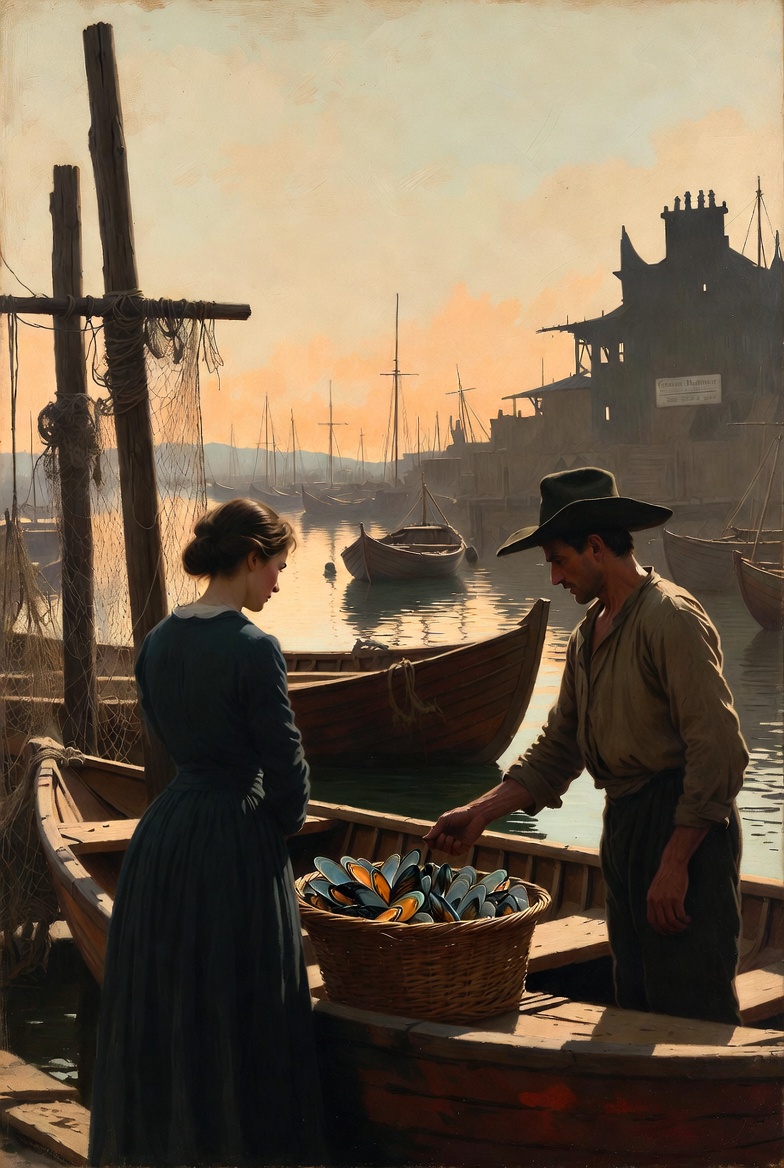 Escena hist&oacute;rica de puerto del siglo XIX relacionada con el origen de los mejillones a la marinera.
