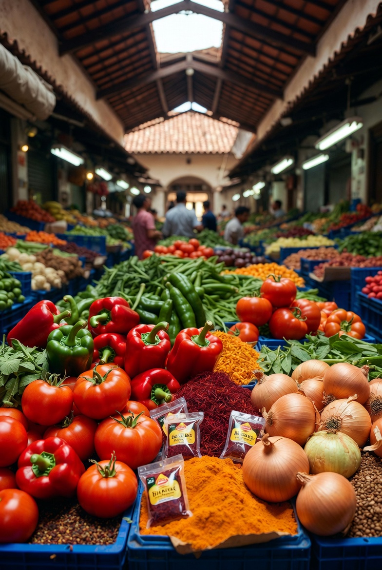 Ingredientes frescos para arroz amarillo con pollo en un mercado tradicional canario.