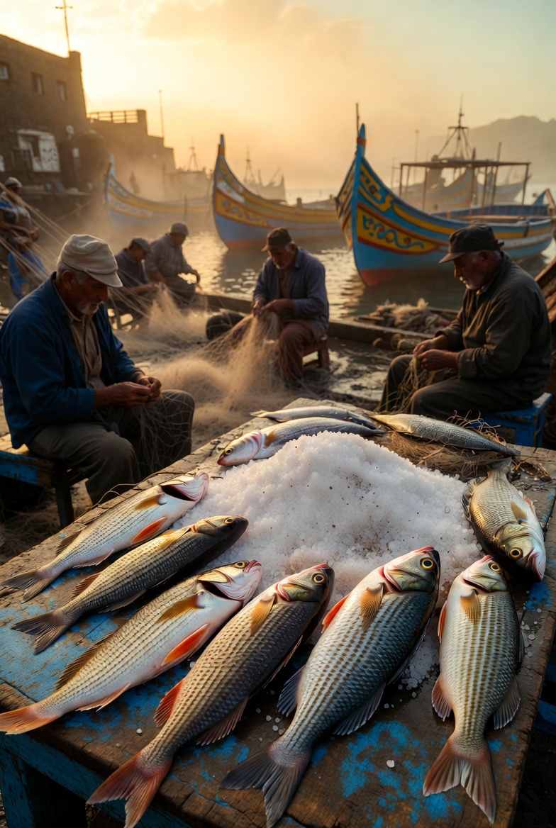 Pescadores y pescado fresco para salar en un puerto tradicional canario, origen del sancocho.