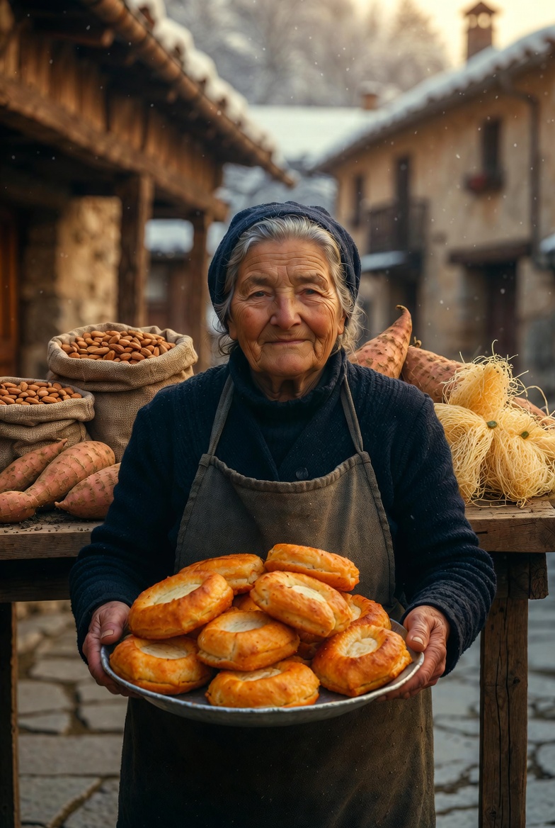 Mercado navide&ntilde;o tradicional con truchas de batata y almendra reci&eacute;n hechas y sus ingredientes.