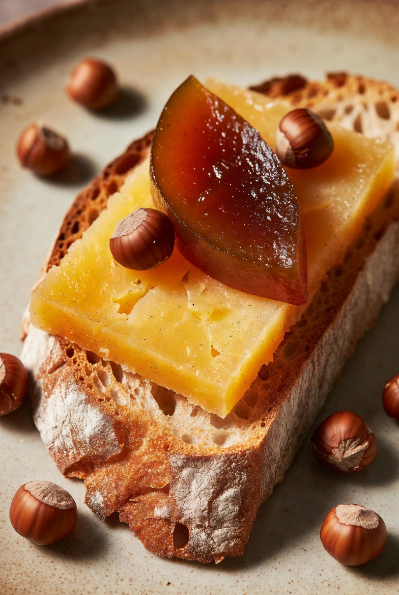 Tapa de pan con queso Idiaz&aacute;bal y membrillo, lista para comer.