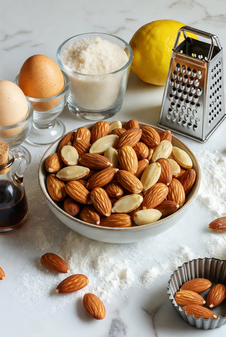 Ingredientes tradicionales y de calidad para hacer una aut&eacute;ntica Tarta de Santiago: almendra, huevos, az&uacute;car, lim&oacute;n.