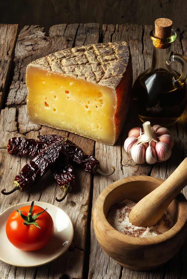 Ingredientes tradicionales para hacer almogrote gomero: queso curado, &ntilde;oras, ajo y aceite.