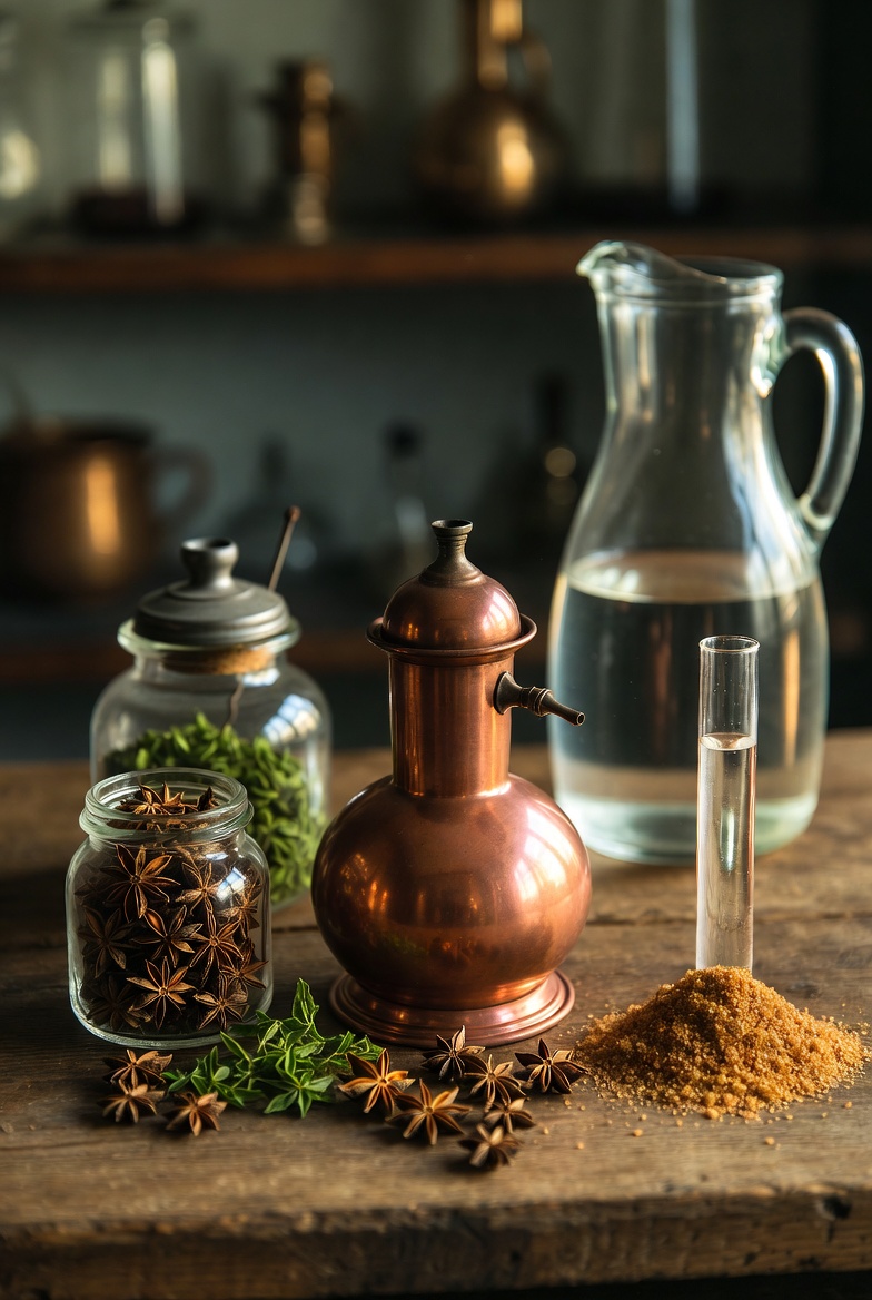 Ingredientes y alambique para hacer an&iacute;s: semillas, alcohol, az&uacute;car, agua