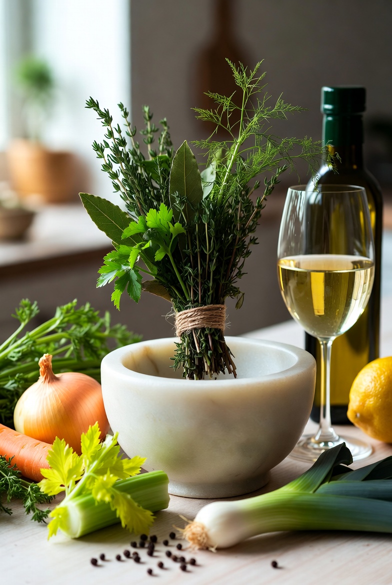  Ingredientes arom&aacute;ticos para caldo de pescado: bouquet garni, verduras, vino y lim&oacute;n.