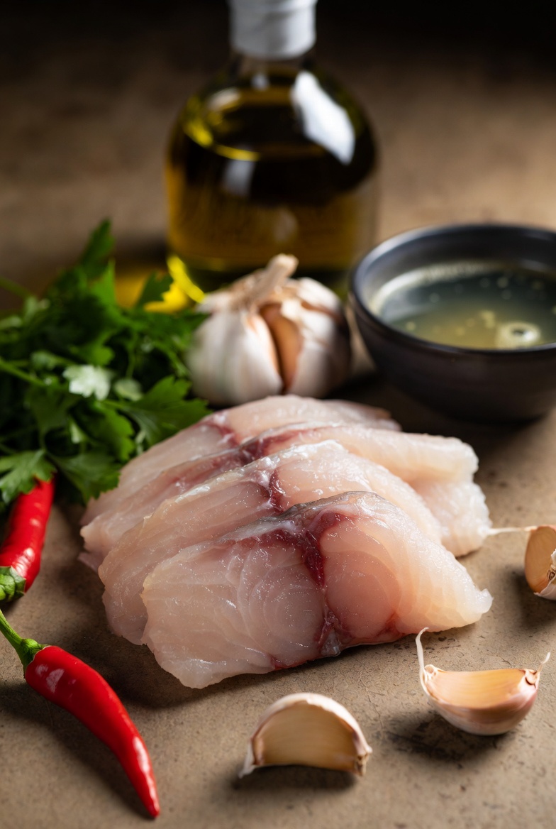 Ingredientes frescos para hacer kokotxas en salsa verde: merluza, ajo, perejil, aceite y guindilla