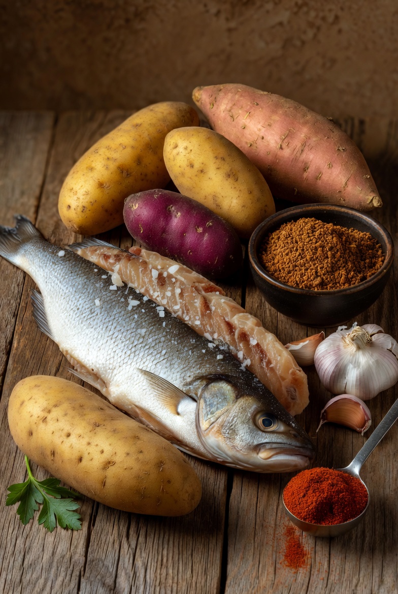 Ingredientes tradicionales del sancocho canario: cherne salado, papas, batata, gofio y ajo.