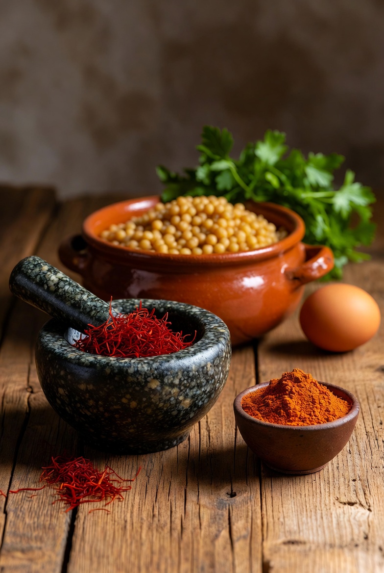Azafr&aacute;n, bijol (achiote) y arroz redondo, ingredientes esenciales para el arroz amarillo canario.