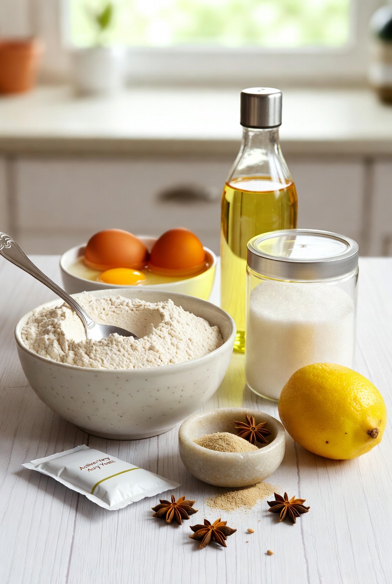 Ingredientes frescos para hacer masa de rosquillas de an&iacute;s caseras