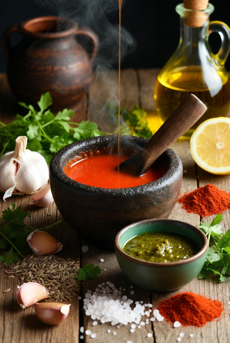 Ingredientes y mojos pic&oacute;n y verde canarios listos en mortero y cuenco