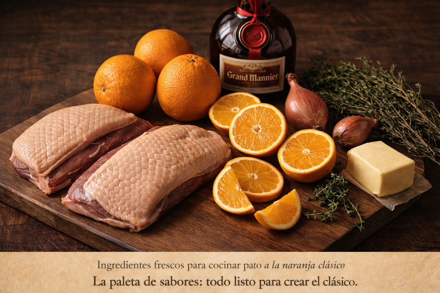 Ingredientes frescos para cocinar pato a la naranja cl&aacute;sico.