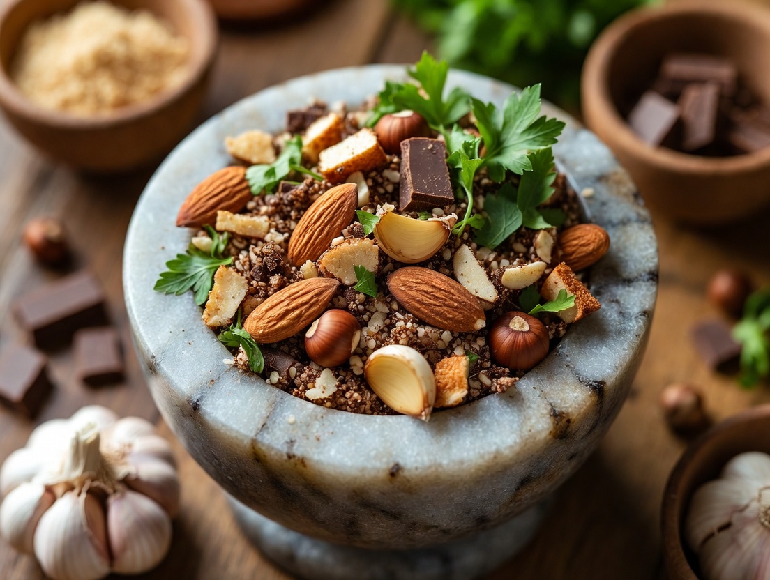  Ingredientes para la picada catalana en un mortero: almendras, ajo, chocolate.