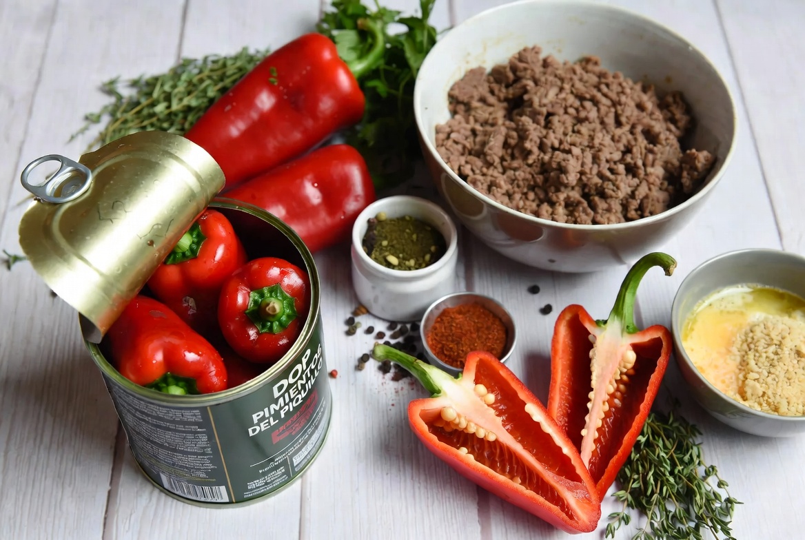 Ingredientes para hacer Pimientos del Piquillo Rellenos: pimientos en lata, carne picada, huevo, hierbas.