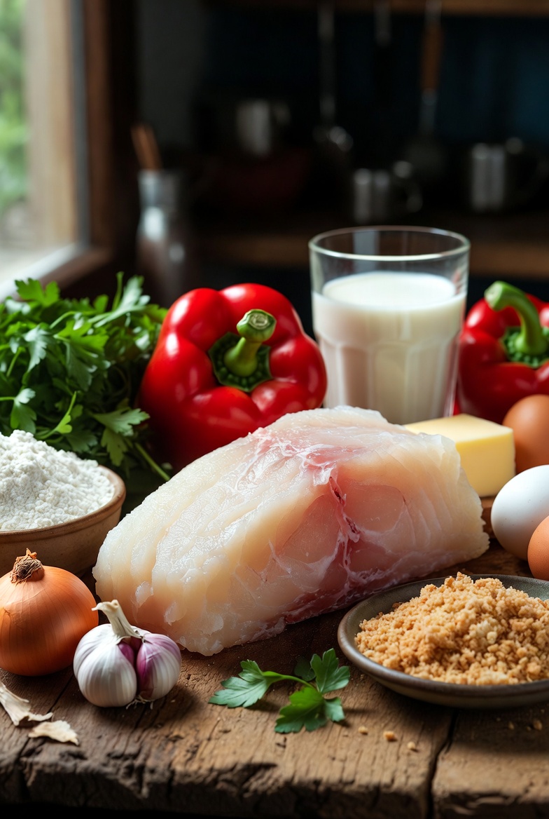 Ingredientes frescos para hacer pimientos rellenos de bacalao: bacalao, pimientos, cebolla, leche.