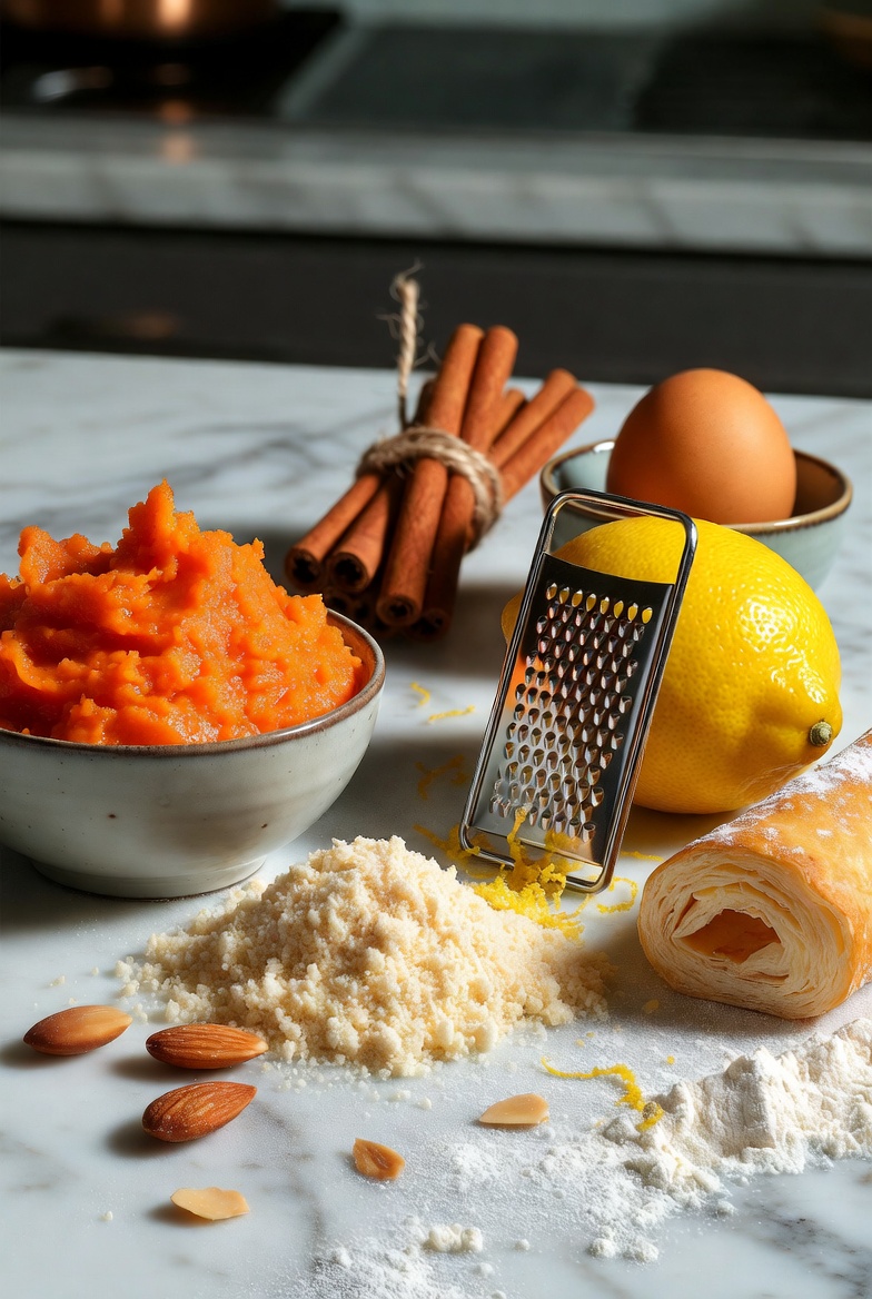 Ingredientes para hacer truchas de batata y almendra: pur&eacute; de batata, almendra molida, lim&oacute;n, canela y masa.