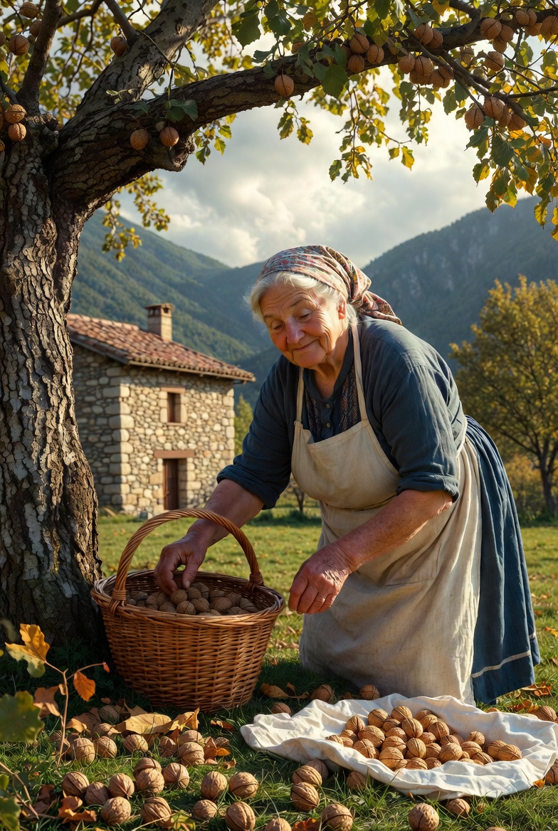 Mujer recolectando nueces en el nogal de un caser&iacute;o vasco tradicional, origen de la Intxaursaltsa