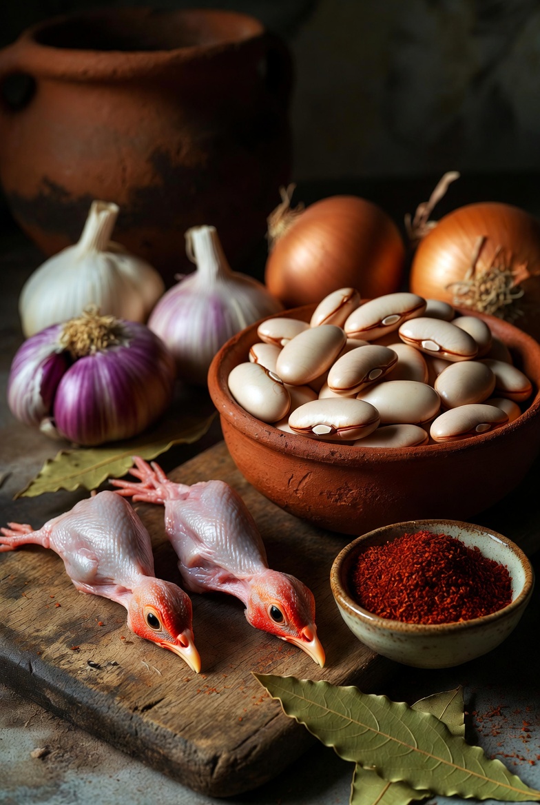 Ingredientes tradicionales para hacer jud&iacute;as con perdiz: perdices rojas, judiones blancos, ajo, cebolla, piment&oacute;n.