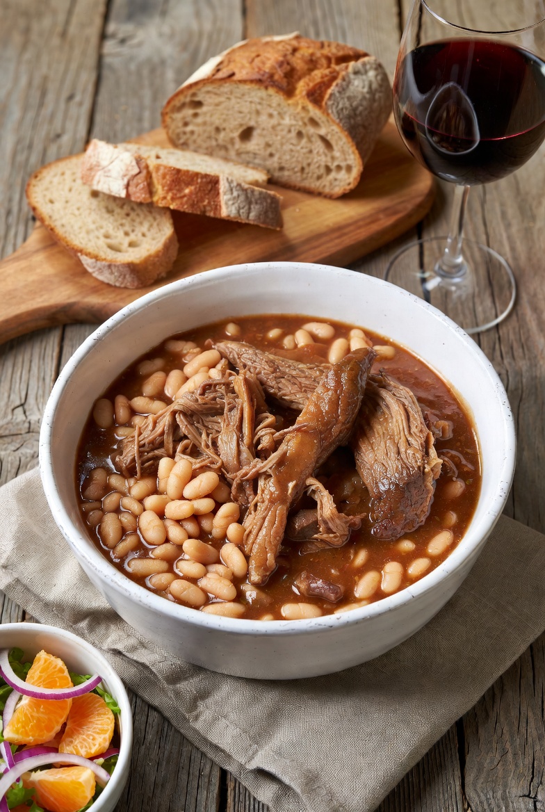 Plato servido de jud&iacute;as con perdiz tradicional, con pan y vino tinto.