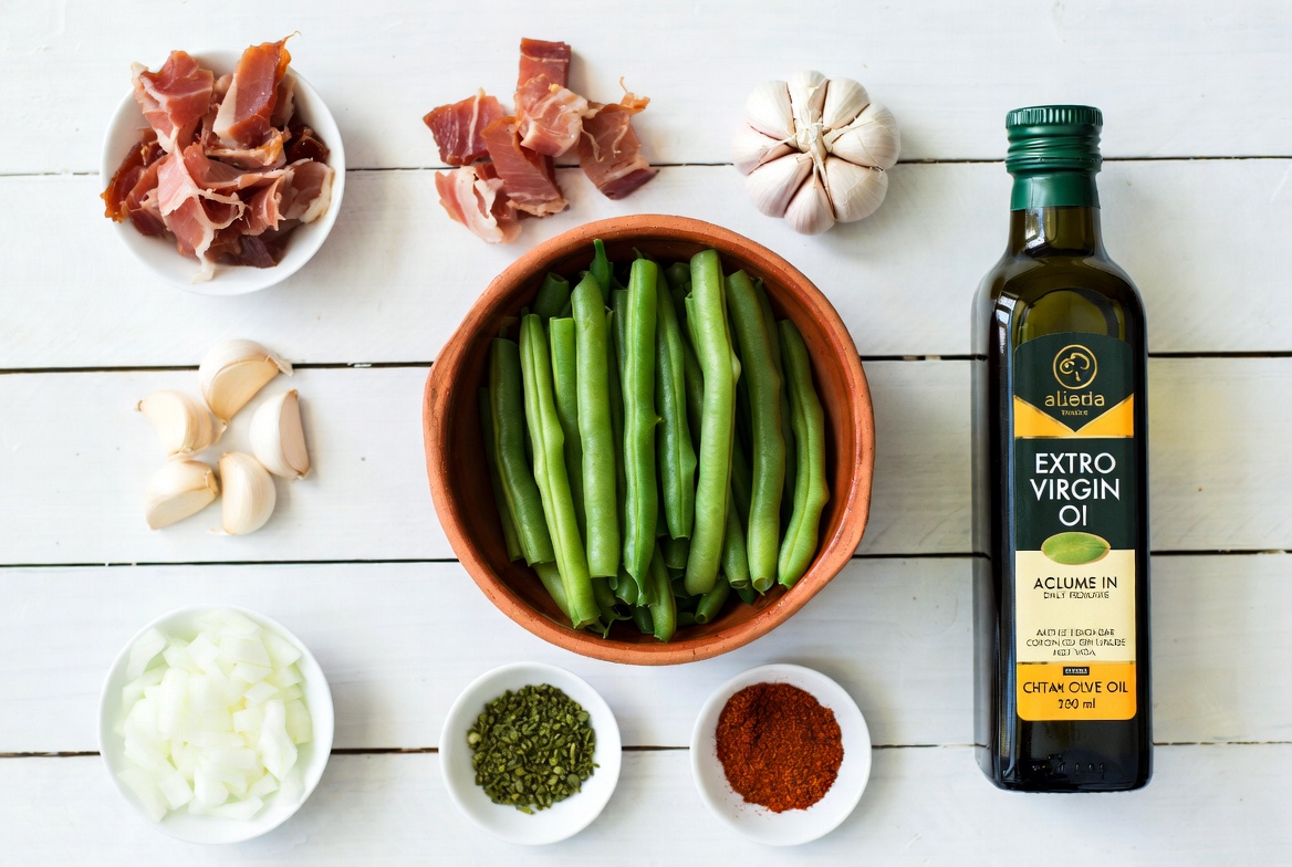 Ingredientes frescos para hacer jud&iacute;as verdes con ajo y jam&oacute;n: jud&iacute;as, jam&oacute;n, ajo, cebolla y piment&oacute;n.