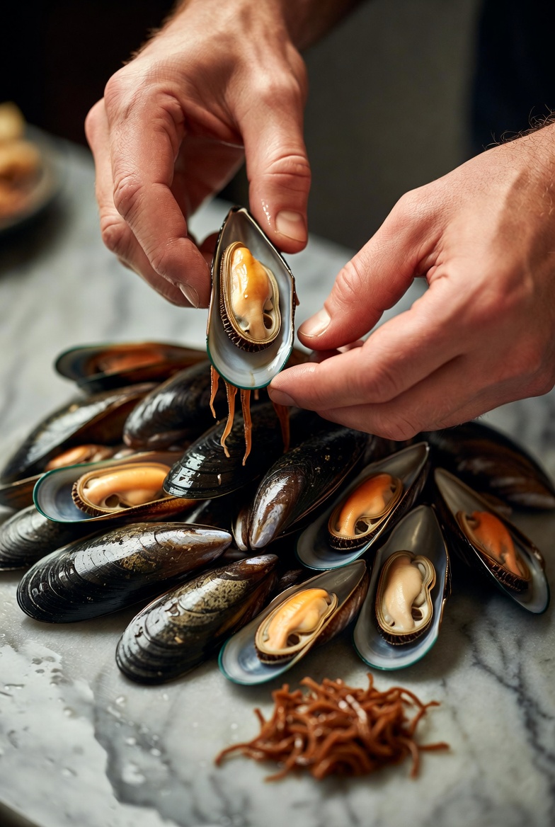 T&eacute;cnica correcta para limpiar y desbarbar mejillones frescos en casa.