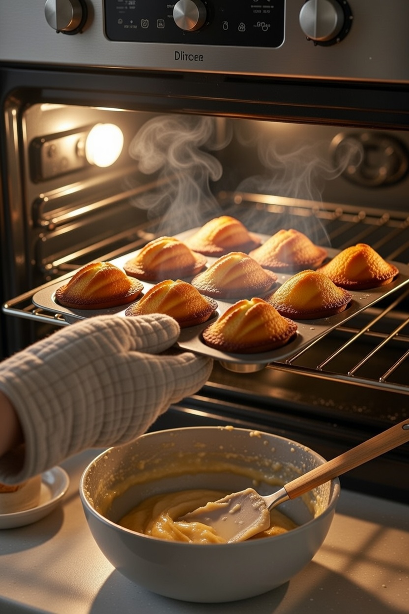 Primer plano de madeleines con joroba perfecta saliendo del horno.
