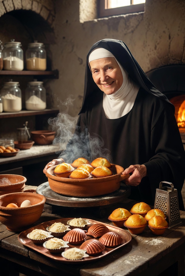 Origen de las madeleines en cocina de convento espa&ntilde;ol, monja horneando.