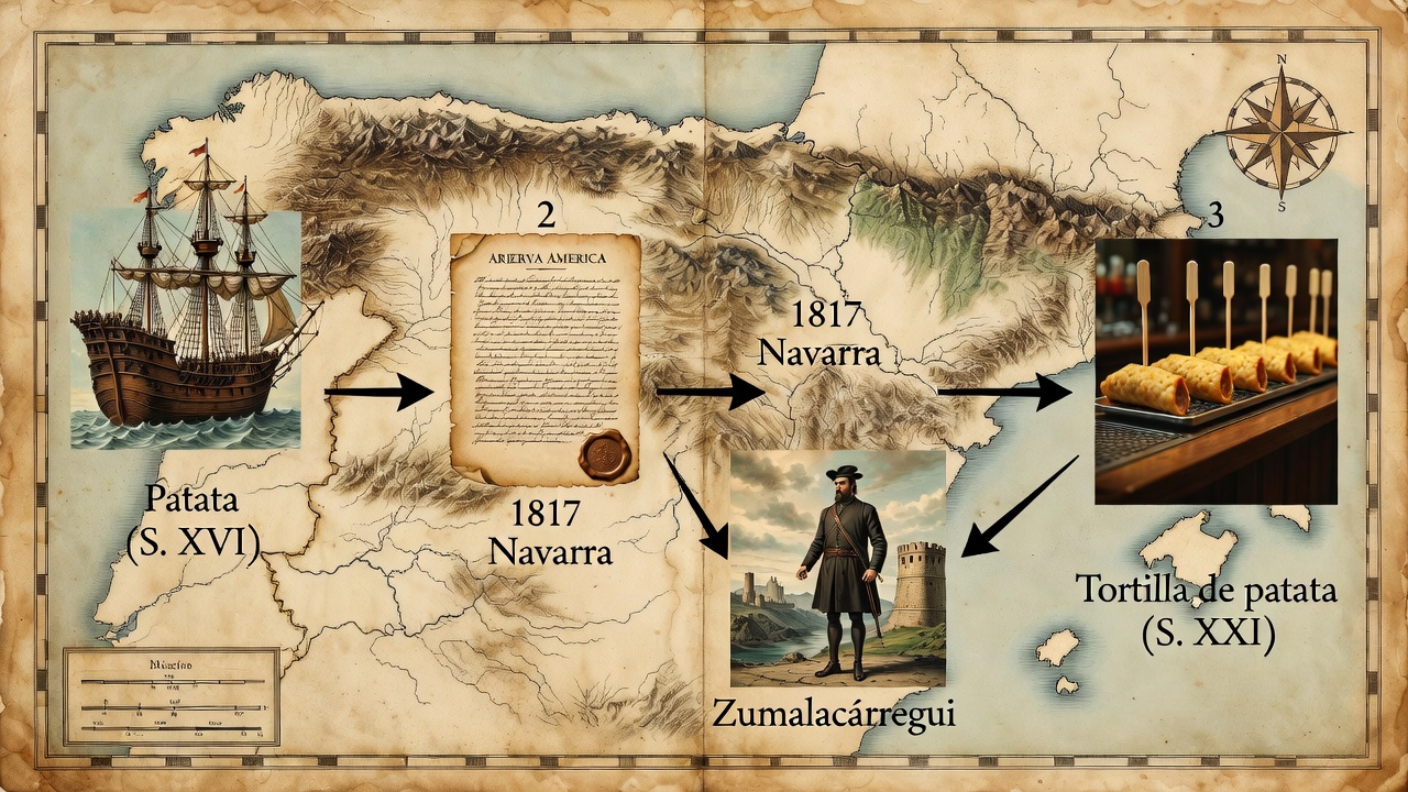 Mapa hist&oacute;rico de la evoluci&oacute;n de la tortilla de patatas en Espa&ntilde;a desde el siglo XVI.