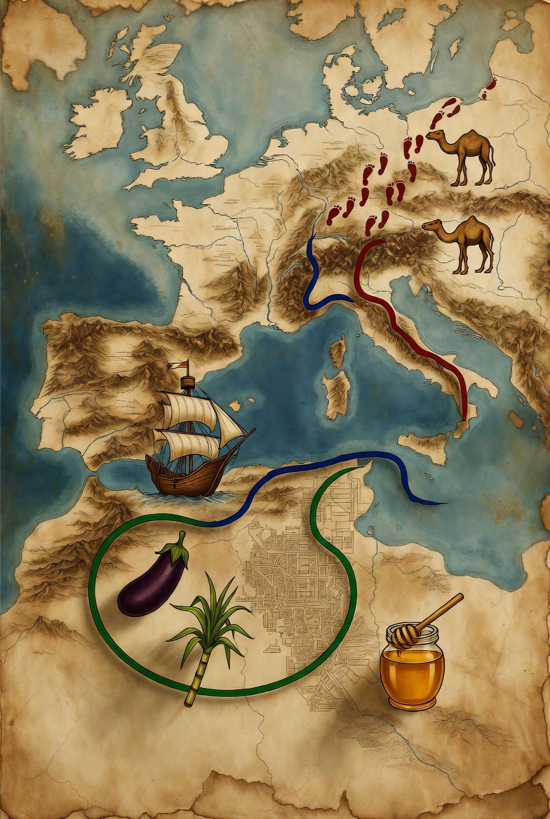 Mapa hist&oacute;rico de la ruta de la berenjena y la ca&ntilde;a de az&uacute;car hasta Al-&Aacute;ndalus.
