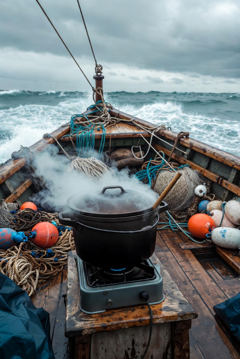 Marmita de hierro con marmitako humeante en la cubierta de un barco pesquero tradicional vasco