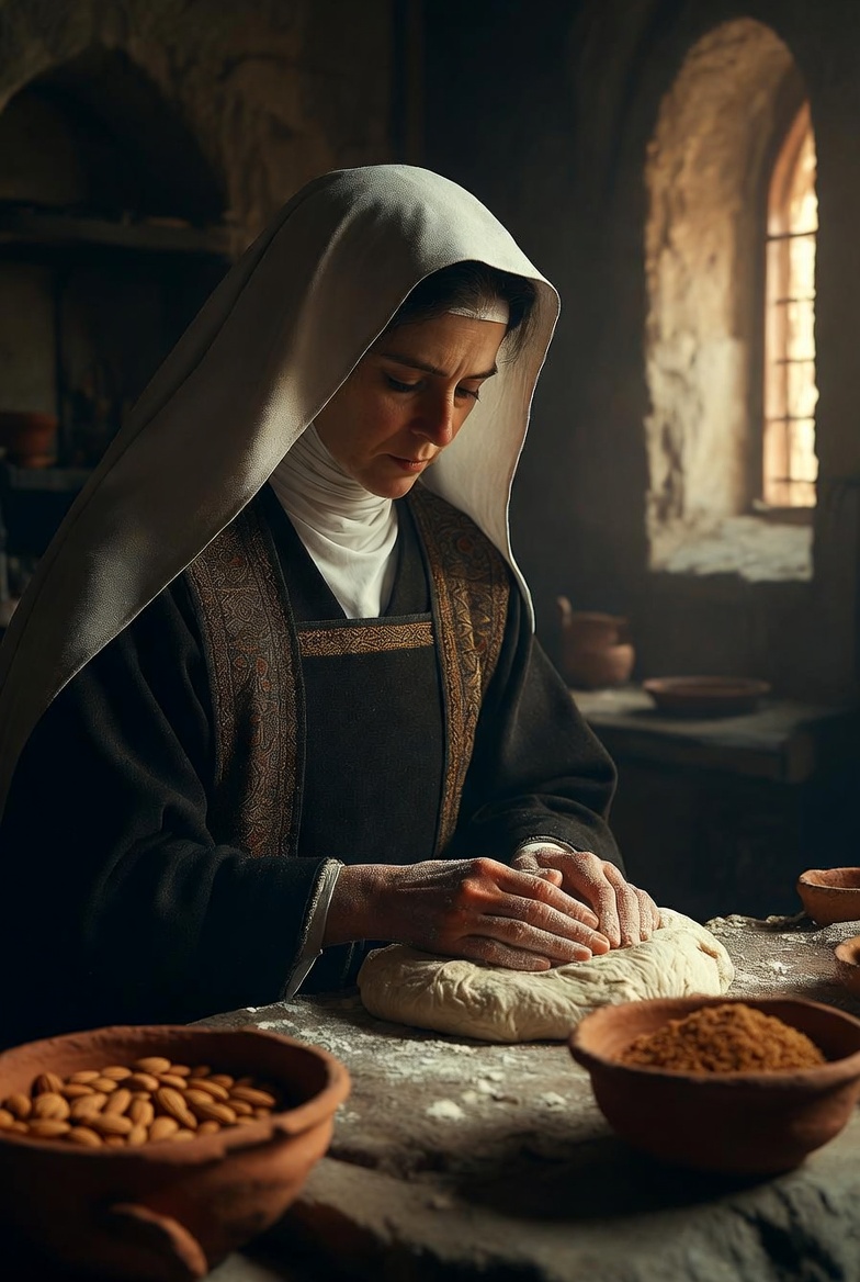 Monja amasando mazap&aacute;n en la cocina del Convento de San Clemente de Toledo, leyenda del origen