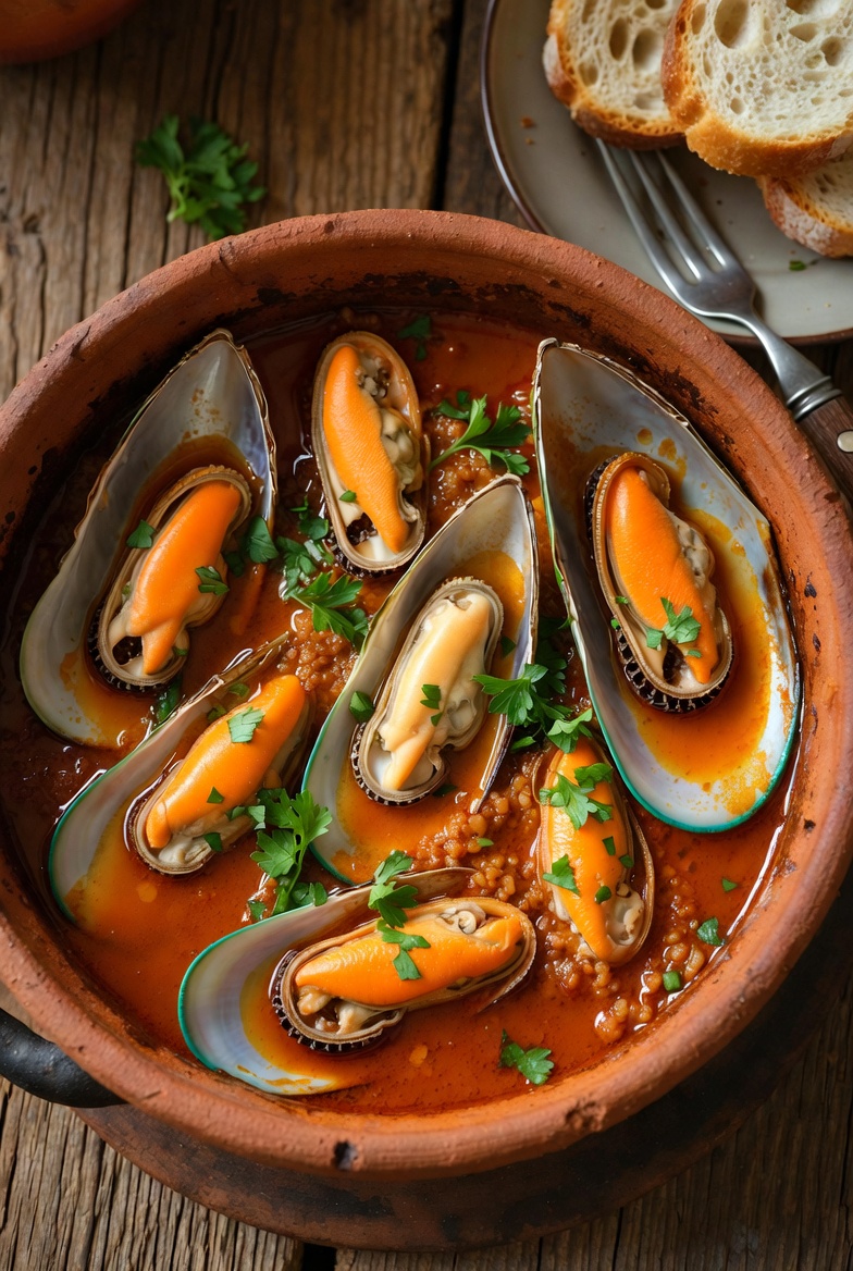 Mejillones a la marinera reci&eacute;n cocinados, servidos humeantes en su cazuela de barro tradicional.