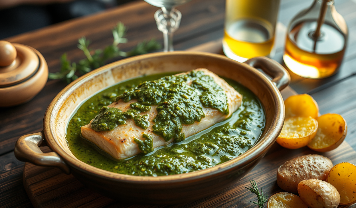 Plato terminado de merluza en salsa verde vasca, presentado en cazuela.