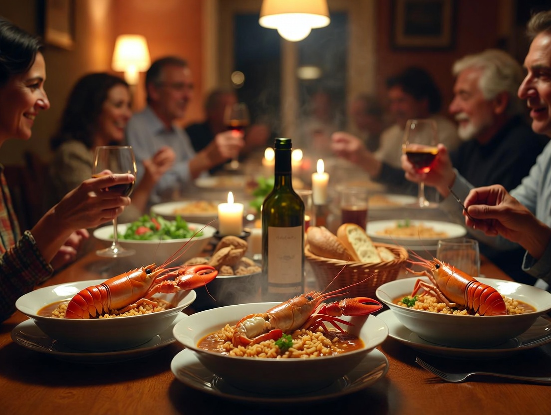 Arroz caldoso de bogavante servido en una celebraci&oacute;n familiar o con amigos.