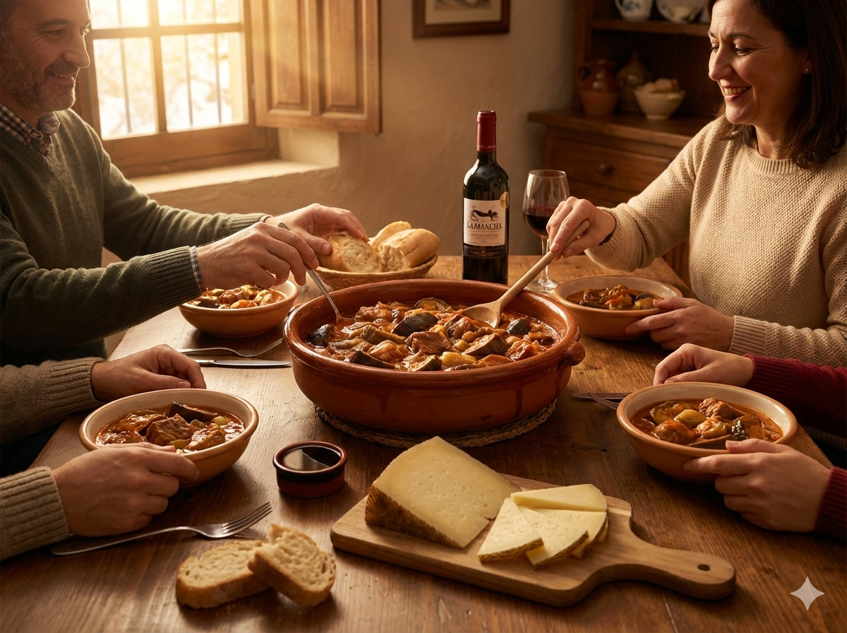 Guiso de berenjenas de Almagro con carne servido en una comida familiar o con amigos.