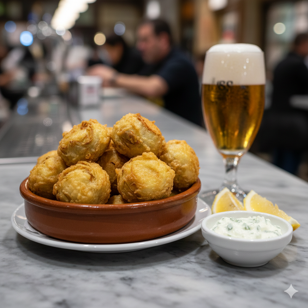 Alcachofas a la romana reci&eacute;n fritas servidas como tapa con alioli y cerveza.