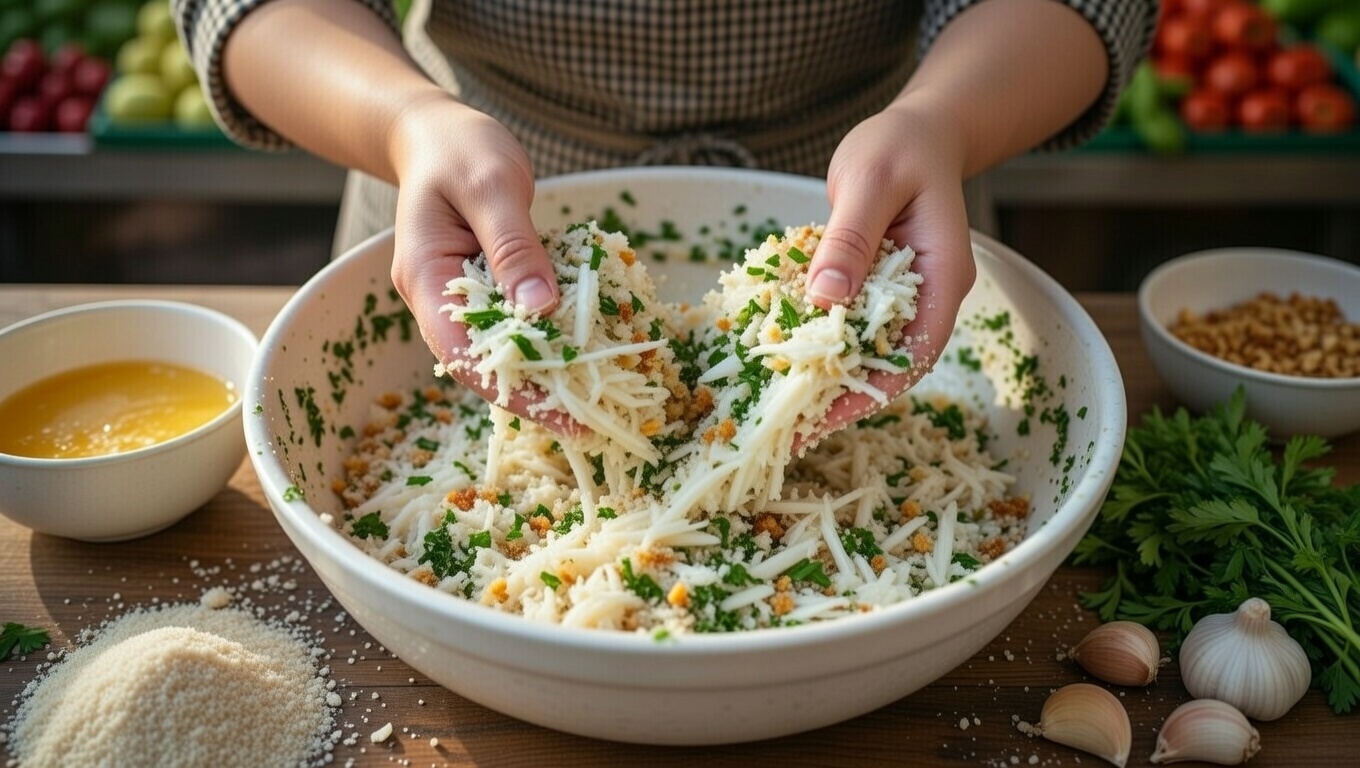 Mezcla casera del relleno de bacalao con perejil y ajo para pimientos rellenos.