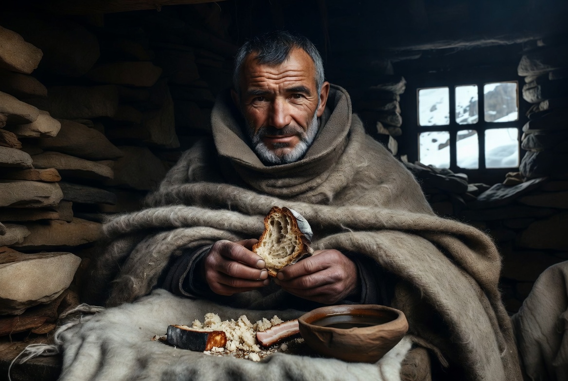 Pastor desmigajando pan duro para preparar migas en un refugio de monta&ntilde;a, origen del plato.