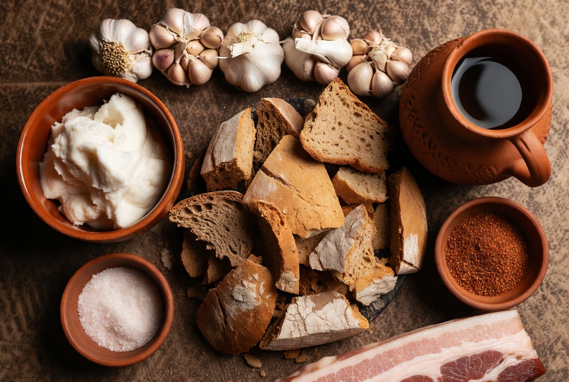 Ingredientes para migas aragonesas: pan duro desmigado, manteca de cerdo, ajo y agua.