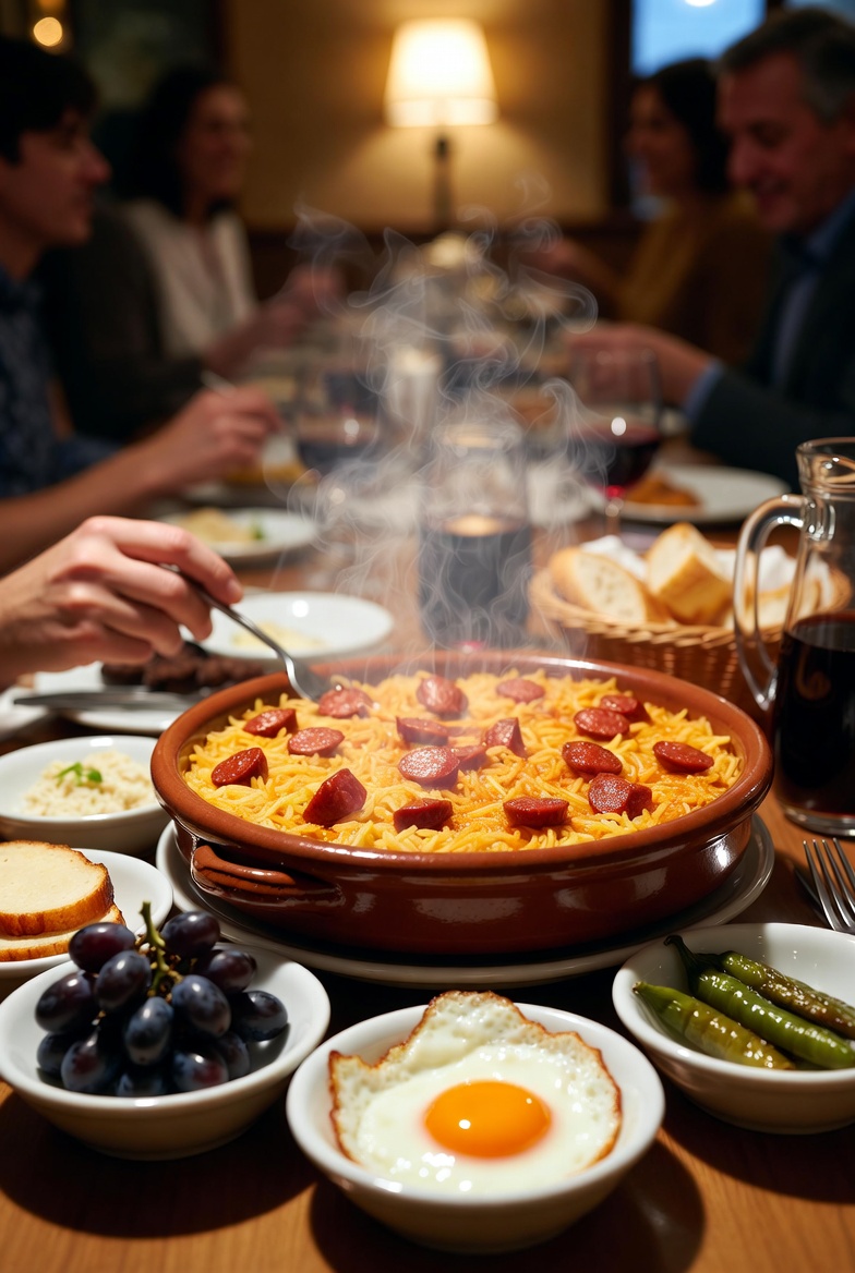 Migas manchegas con chorizo servidas en una mesa con sus acompa&ntilde;amientos tradicionales: uvas, huevo frito y pimientos
