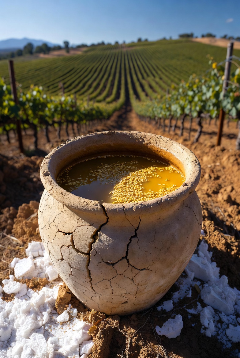 Mosto de uva Pedro Xim&eacute;nez fresco en tinaja sobre suelo de albariza en los vi&ntilde;edos de Montilla-Moriles.