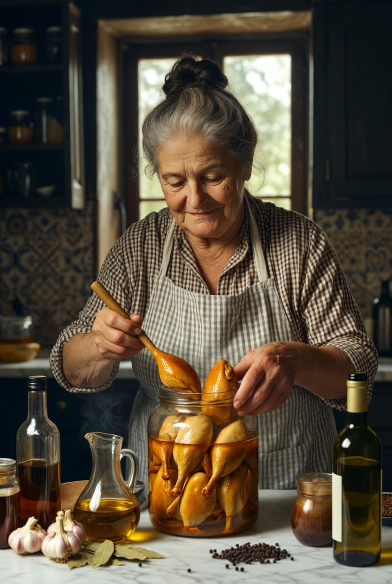 Mujer mayor experta colocando codornices en un tarro para hacer escabeche casero tradicional
