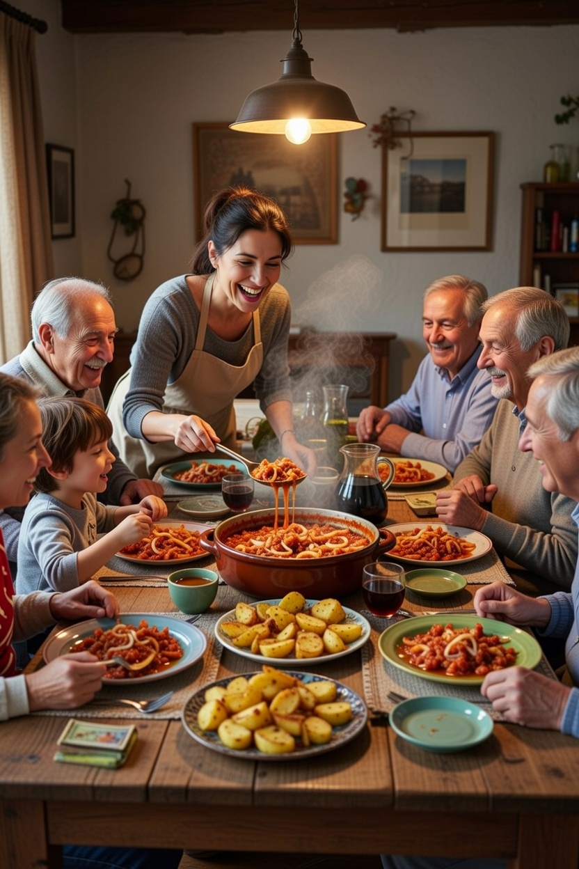 Mujer sonriente sirviendo cordero al chilindr&oacute;n a su familia en una comida festiva.