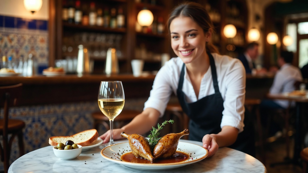 Camarera sonriente sirviendo una tapa de codorniz en escabeche en un bar tradicional espa&ntilde;ol