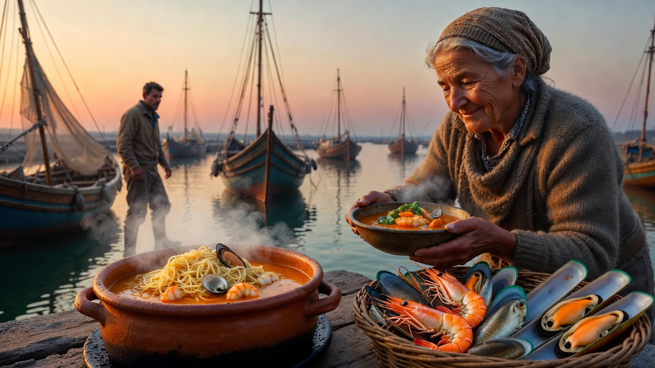 Cazuela de fideos con marisco tradicional servida en un puerto pesquero al amanecer, ofrecida por una mujer loca